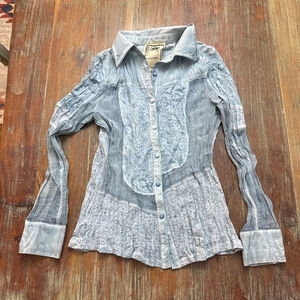 Vintage Concept Boho Blue Button Down Shirt Medium Crinkle Cottagecore